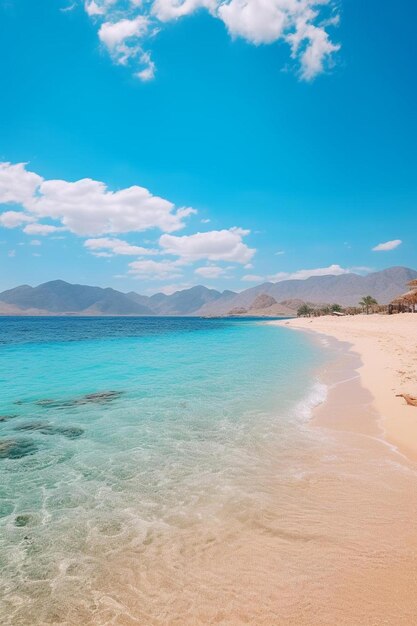 Photo a beach with a blue water and mountains in the background