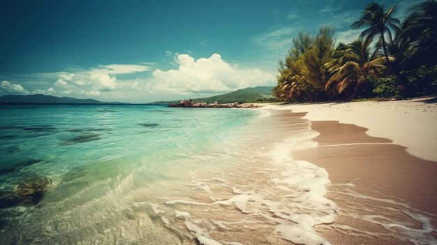 A beach with a blue water and palm trees in the background