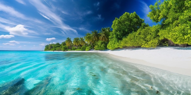 Пляж с голубой водой и пальмами на заднем плане
