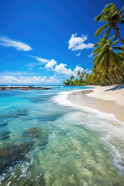 a beach with blue water and palm trees