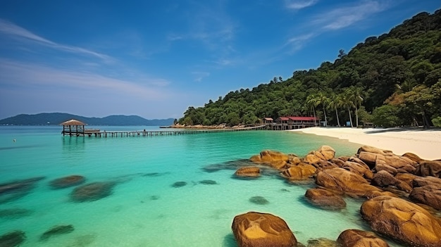 A beach with a blue water and a red roof