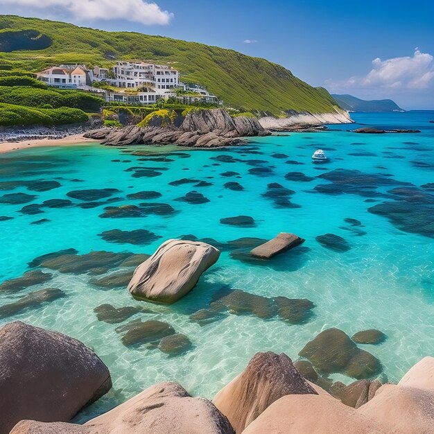 A beach with a blue water and rocks in the foreground and the beach