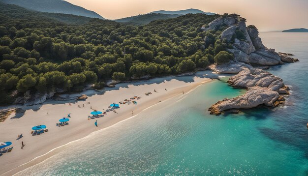 a beach with a blue water and some people in a blue beach