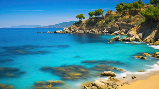 a beach with a blue water and a tree on the top of it