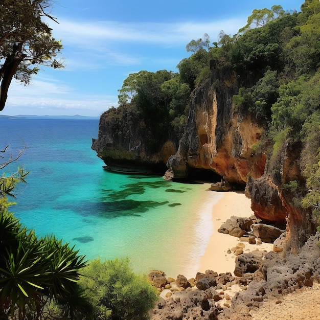 A beach with a blue water and a white sand beach