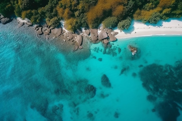 A beach with blue water and a white sand beach.