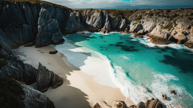 A beach with a blue water and white sand.