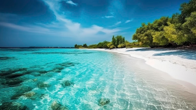 A beach with a blue water and white sand.