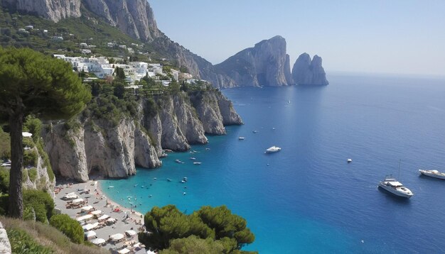 Photo a beach with a boat and a mountain in the background