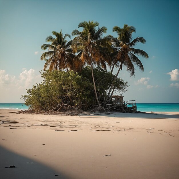 a beach with a boat and palm trees on the beach