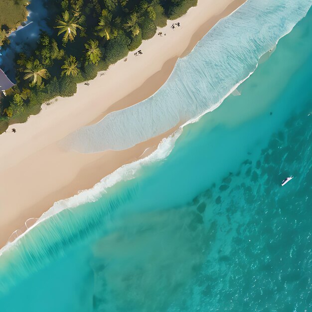 Photo a beach with a boat and palm trees on the water