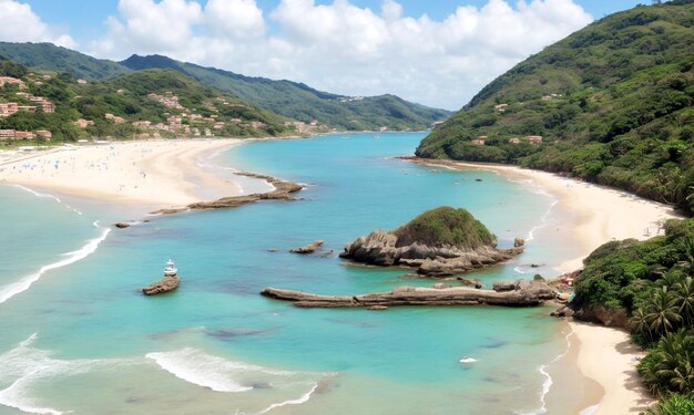 Photo a beach with a boat in the water and a mountain in the background