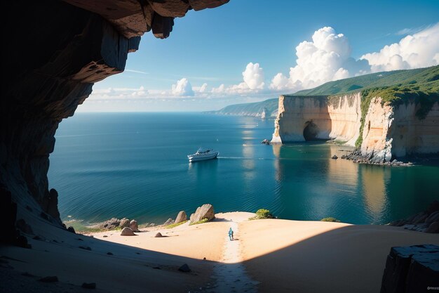 Пляж с лодкой в воде