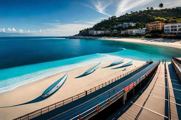 A beach with boats on it and a blue sky