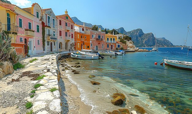 Photo a beach with boats and a mountain in the background