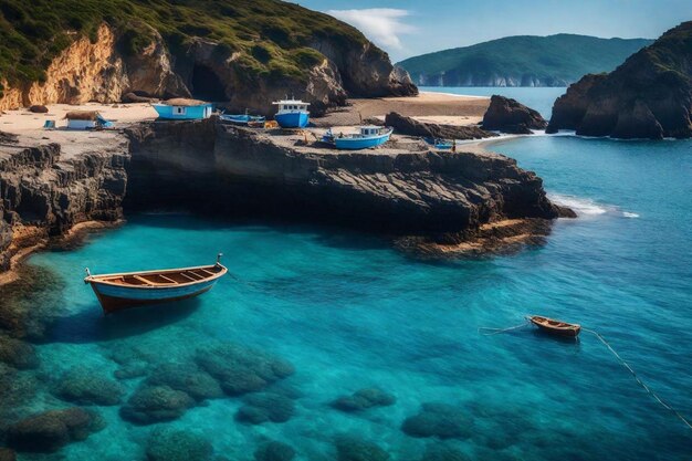 Photo a beach with boats and a rocky outcrop of the water