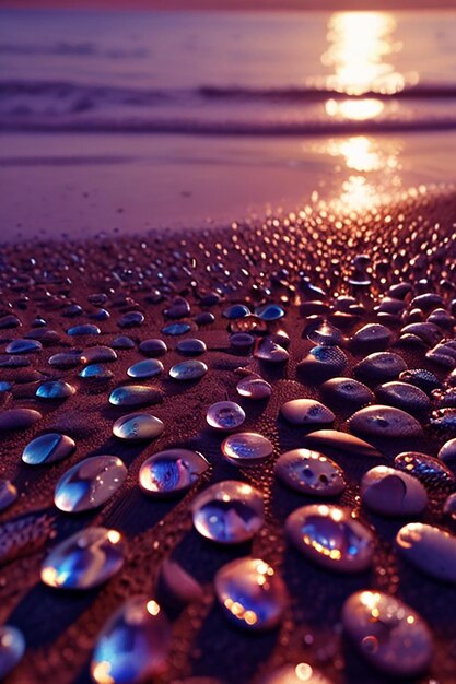 a beach with a bunch of stones and a purple light