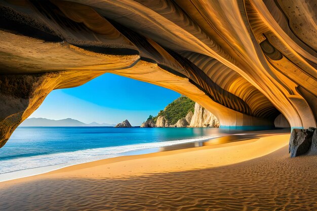 A beach with a cave in the sand