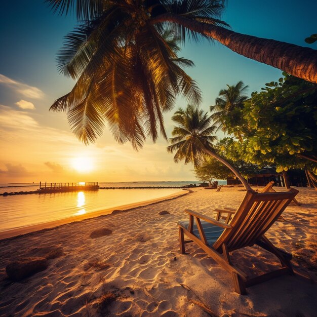 A beach with a chair and palm trees on it