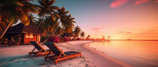 A beach with a chair and palm trees at sunset