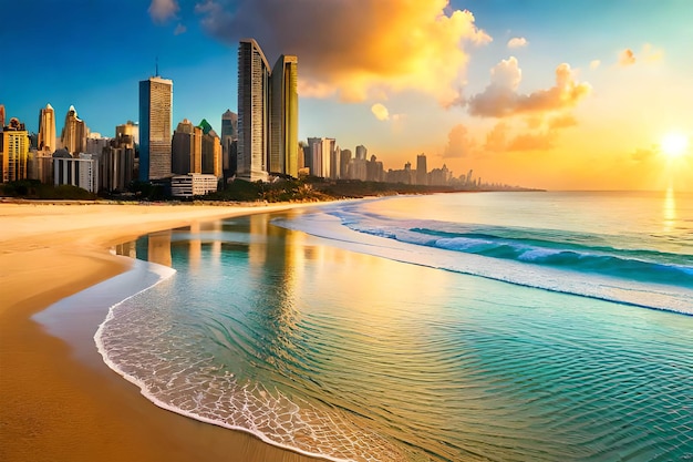 A beach with a city in the background