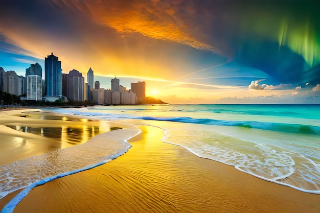 A beach with a city in the background