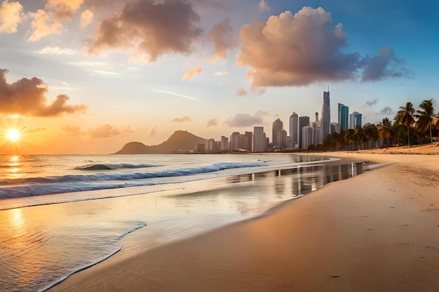 A beach with a city in the background