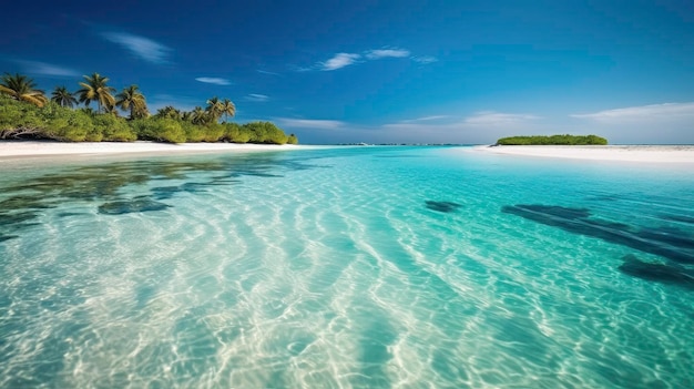 Пляж с чистым голубым морем и тропическим островом на заднем плане