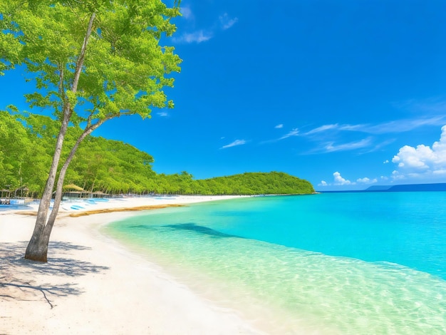 Пляж с чистой голубой водой и деревьями на заднем плане