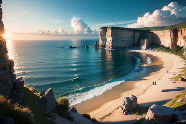 A beach with a cliff in the background