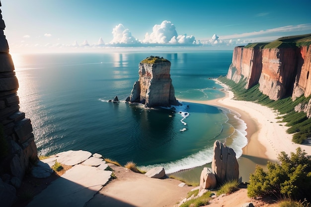 A beach with a cliff in the background