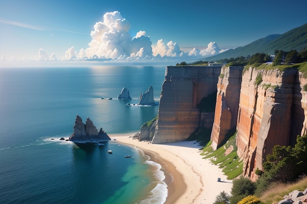 A beach with a cliff in the background