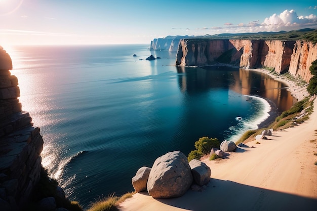 A beach with a cliff in the background