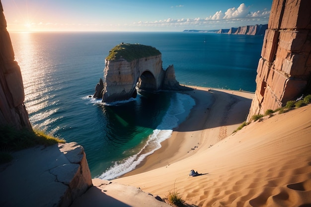 A beach with a cliff in the background