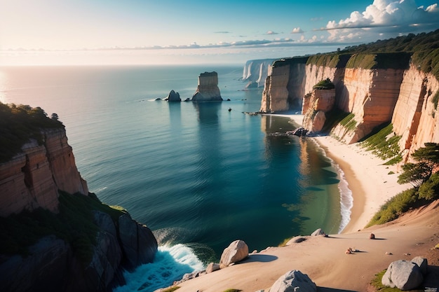 A beach with a cliff in the background