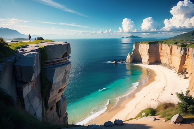 A beach with a cliff in the background