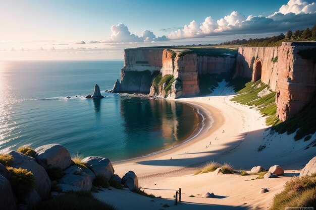 A beach with a cliff in the background