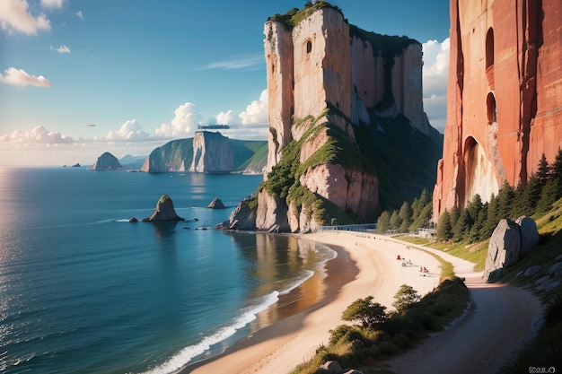 A beach with a cliff in the background