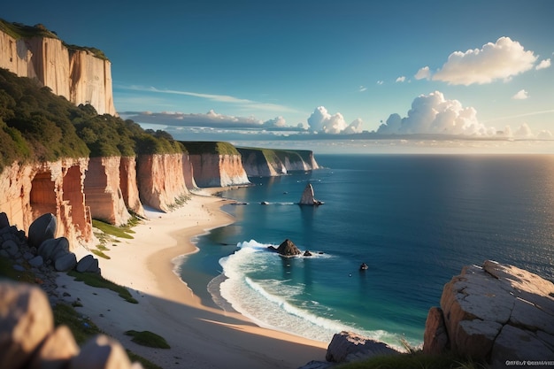 A beach with a cliff and a cloudy sky