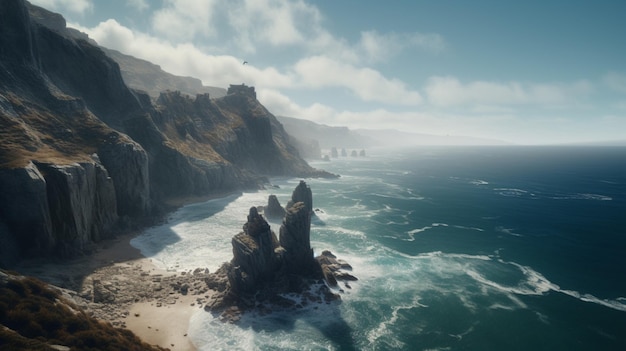 A beach with a cliff in the distance