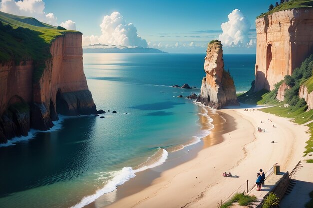 A beach with a cliff on the left and a blue sky in the background