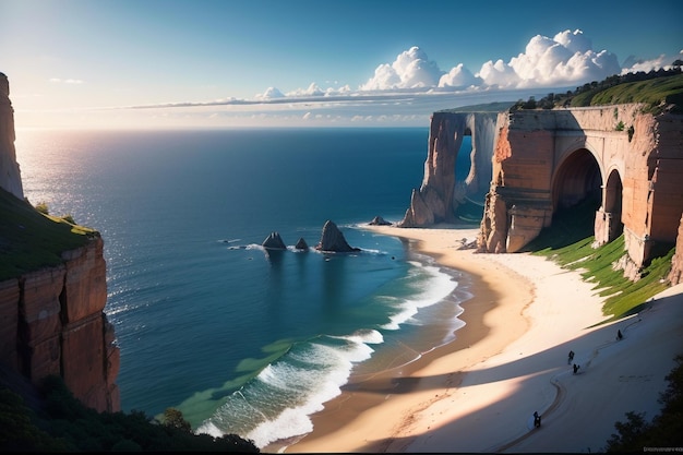 Premium AI Image | A beach with a cliff on the left and a man walking ...