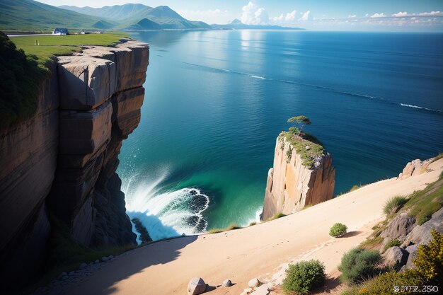 A beach with a cliff on the left and a sea on the right.