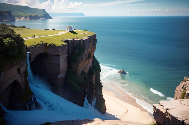 A beach with a cliff and a small building on the right side.