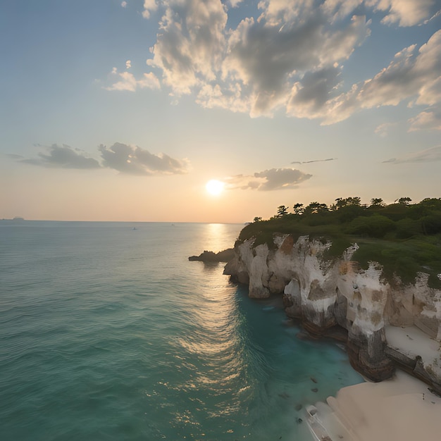 a beach with a cliff and the sun setting over the water