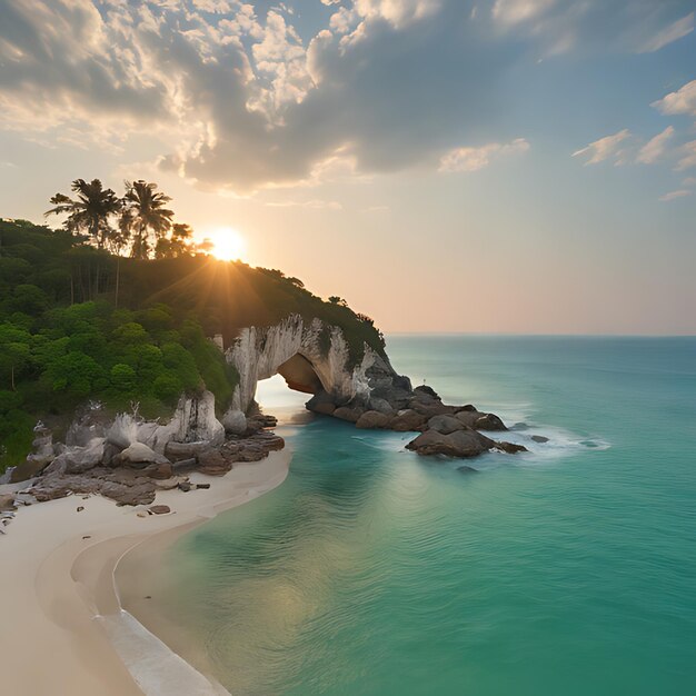 Photo a beach with a cliff that has a beach and a palm tree on it