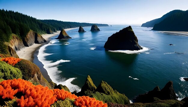 a beach with cliffs and waves in the water