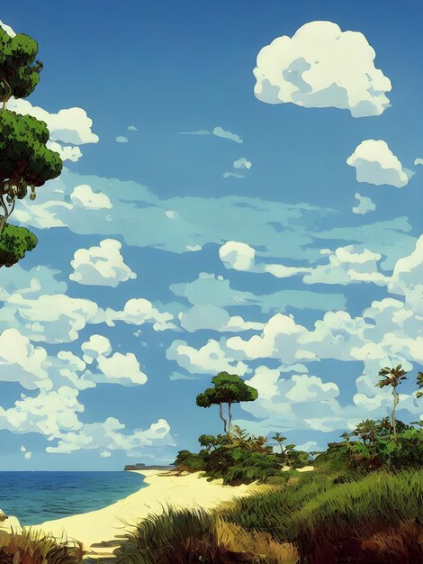 Beach with cloudssunny day green trees 3d illustration