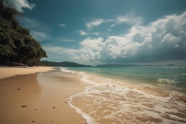 A beach with a cloudy sky and a beach in the foreground