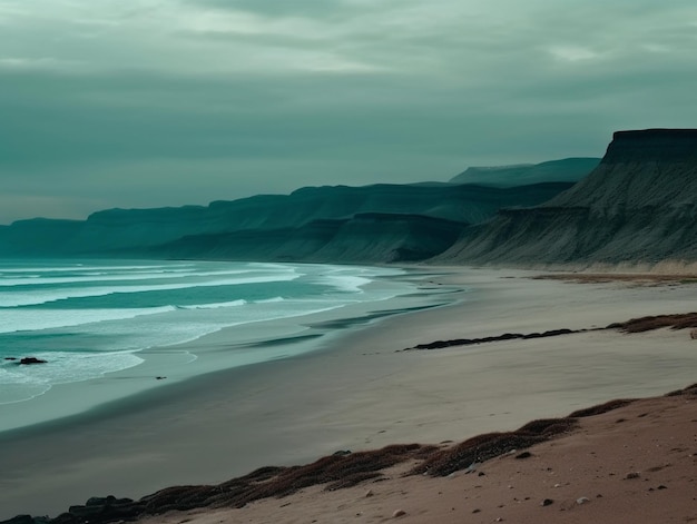 A beach with a cloudy sky and a beach with a cliff in the background.